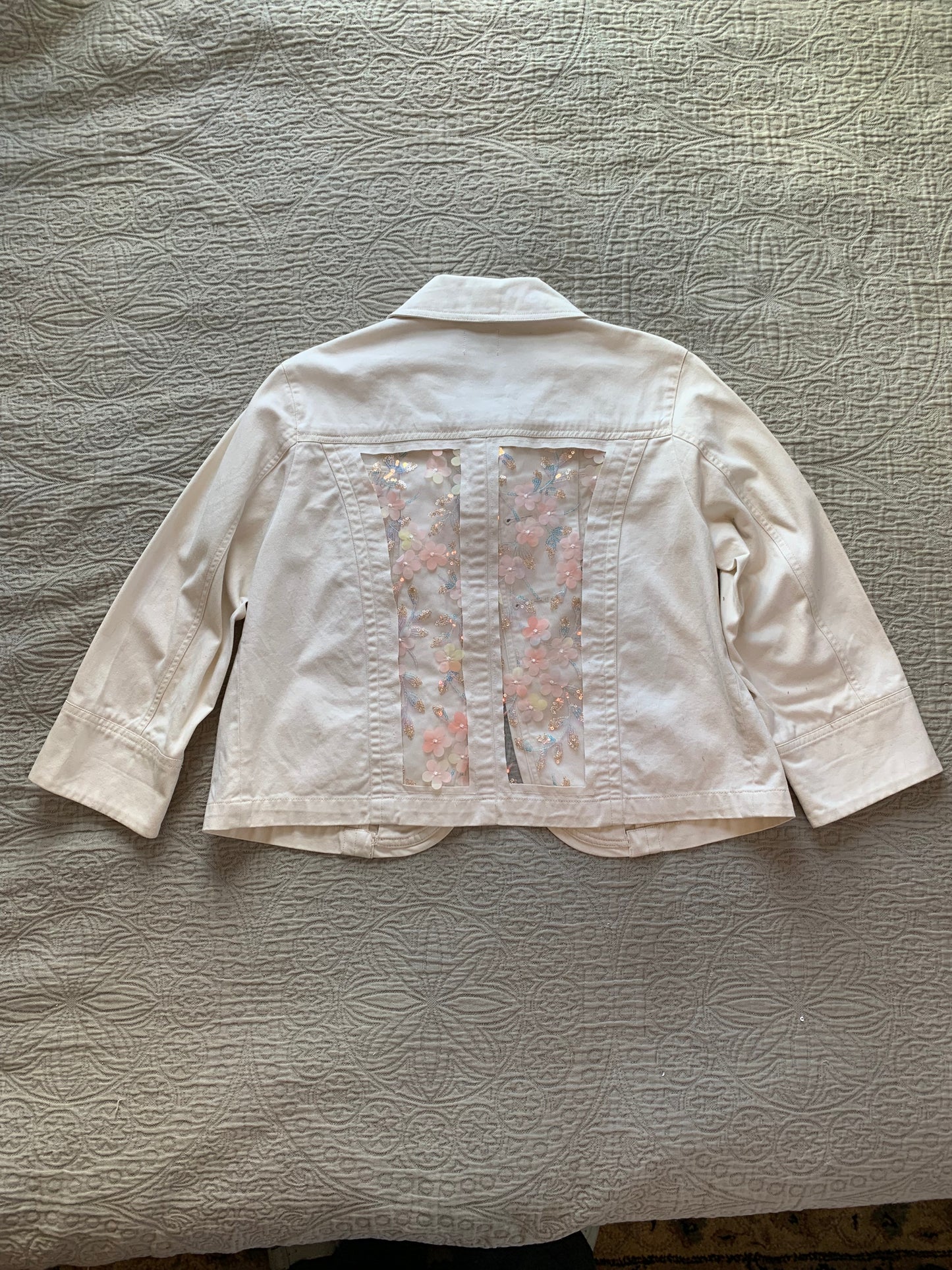 Cream Denim Pink Wildflowers Jacket   [XL]