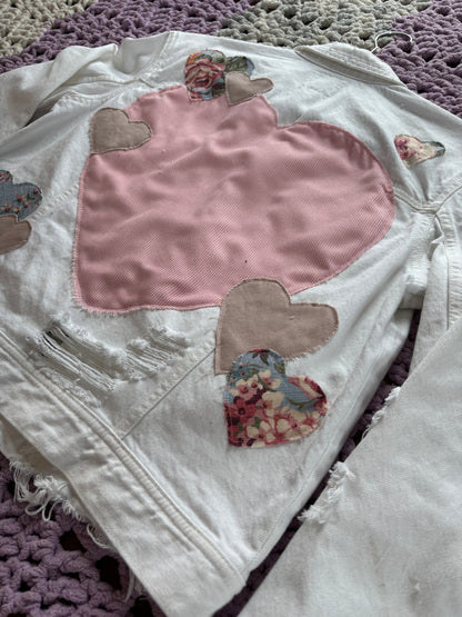 Distressed White Denim Hearts Jacket [L]