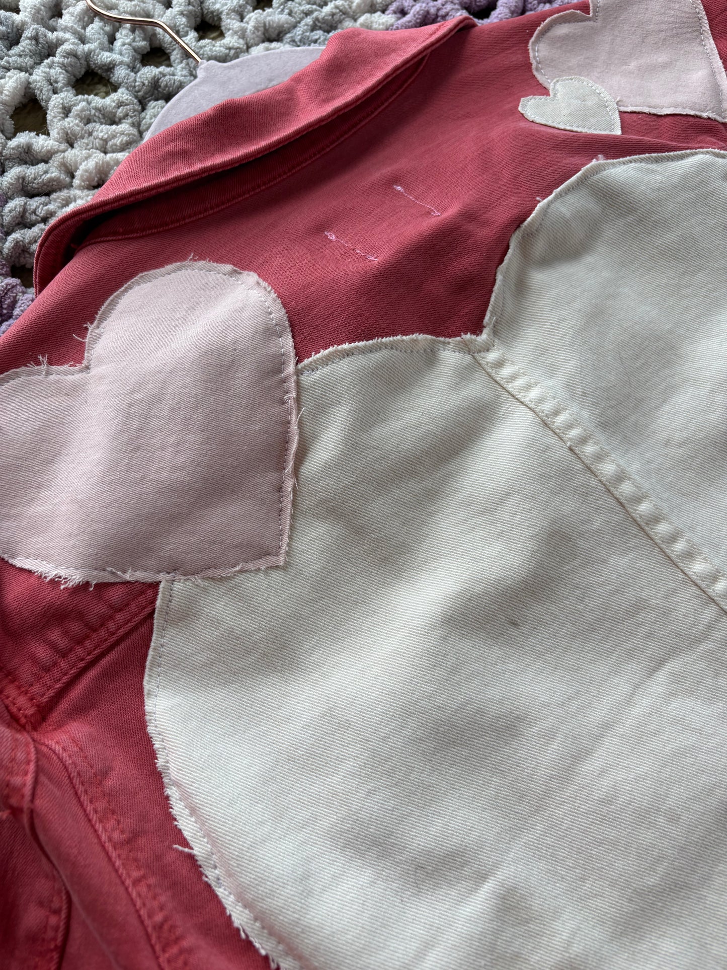 Dark Pink Denim Frayed Hearts Jacket [XL]