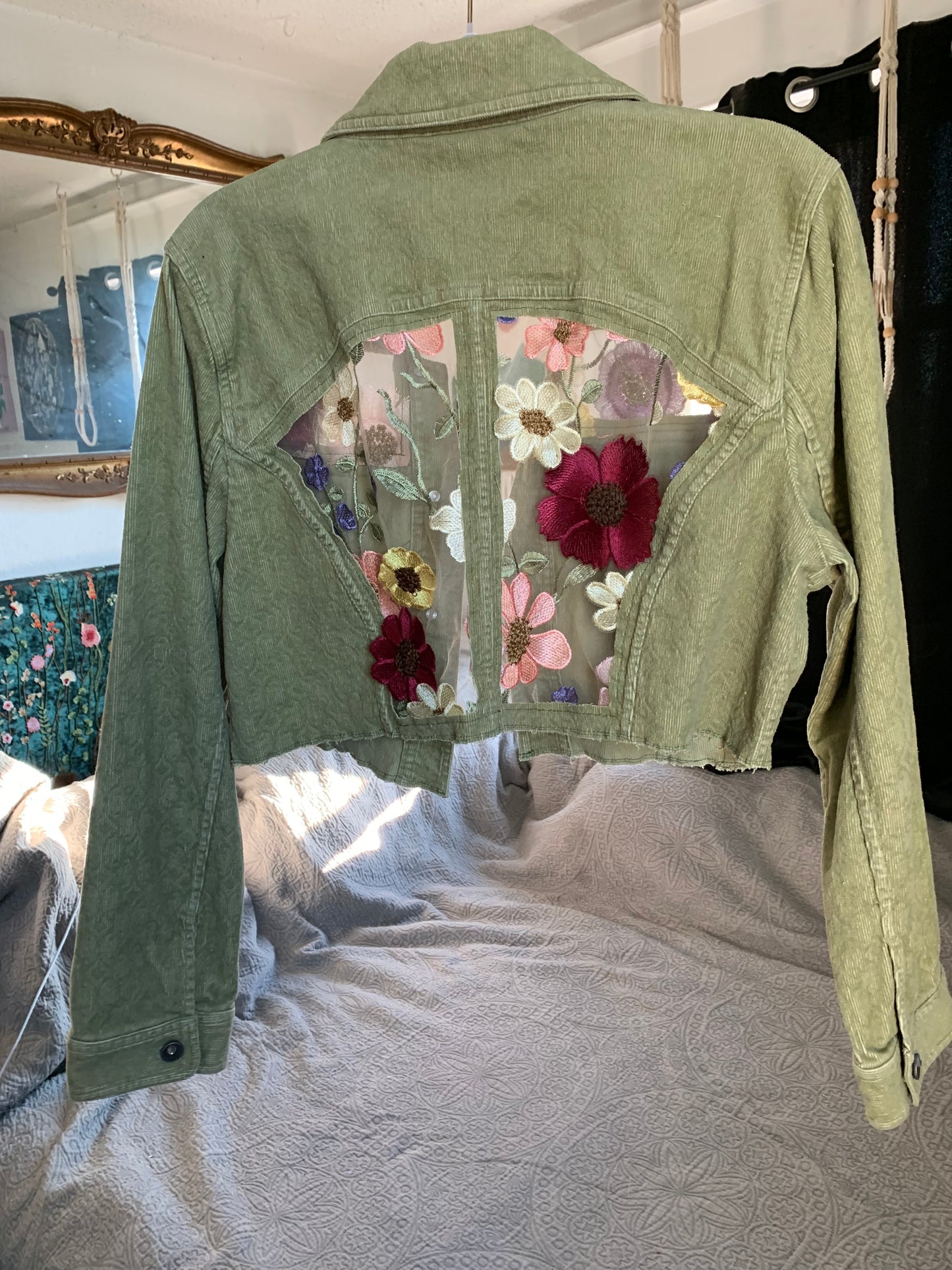 Cropped Green Denim Appliqué Wildflowers [XL]