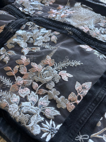 Black Bows and Silver Floral Denim Cropped Jacket [XL]