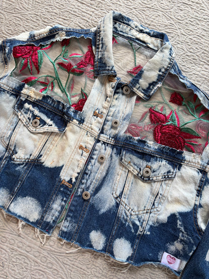 Cropped Acid Wash Denim Roses Jacket [1X]