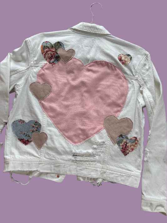 Distressed White Denim Hearts Jacket [L]
