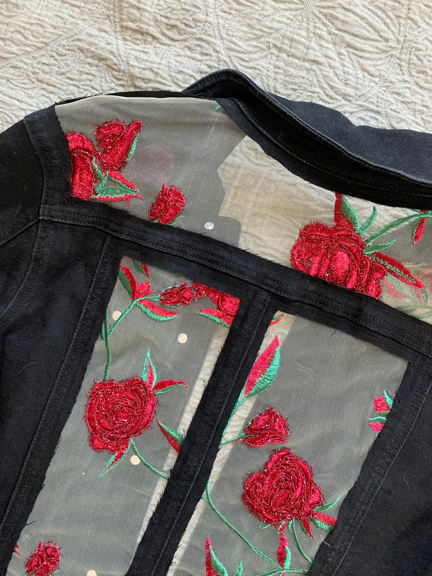 Embroidered Black Denim Roses Jacket [1X]