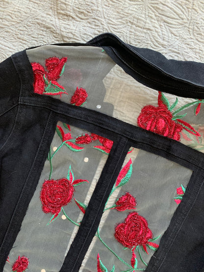 Embroidered Black Denim Roses Jacket [1X]