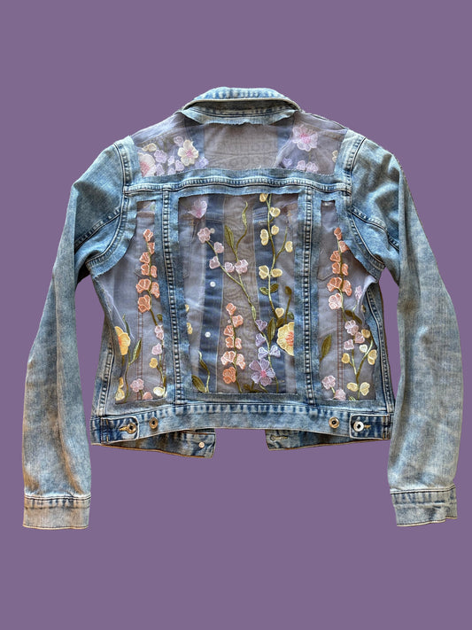 Purple Flowers Acid-Wash Denim Jacket [S]