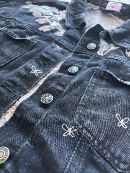 Black Bows and Silver Floral Denim Cropped Jacket [XL]