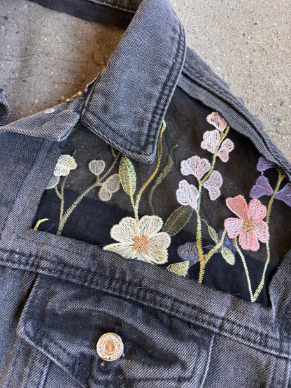 Cropped Black Denim Floral Jacket [XL]