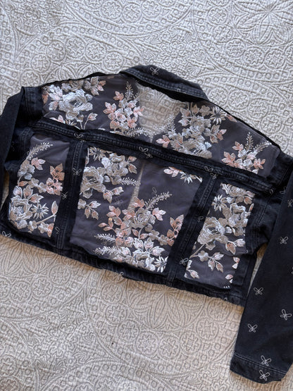 Black Bows and Silver Floral Denim Cropped Jacket [XL]