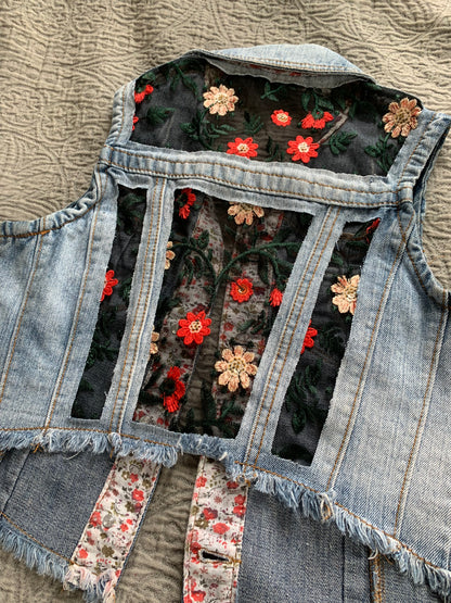 Distressed Denim Wildflowers Vest [XS]