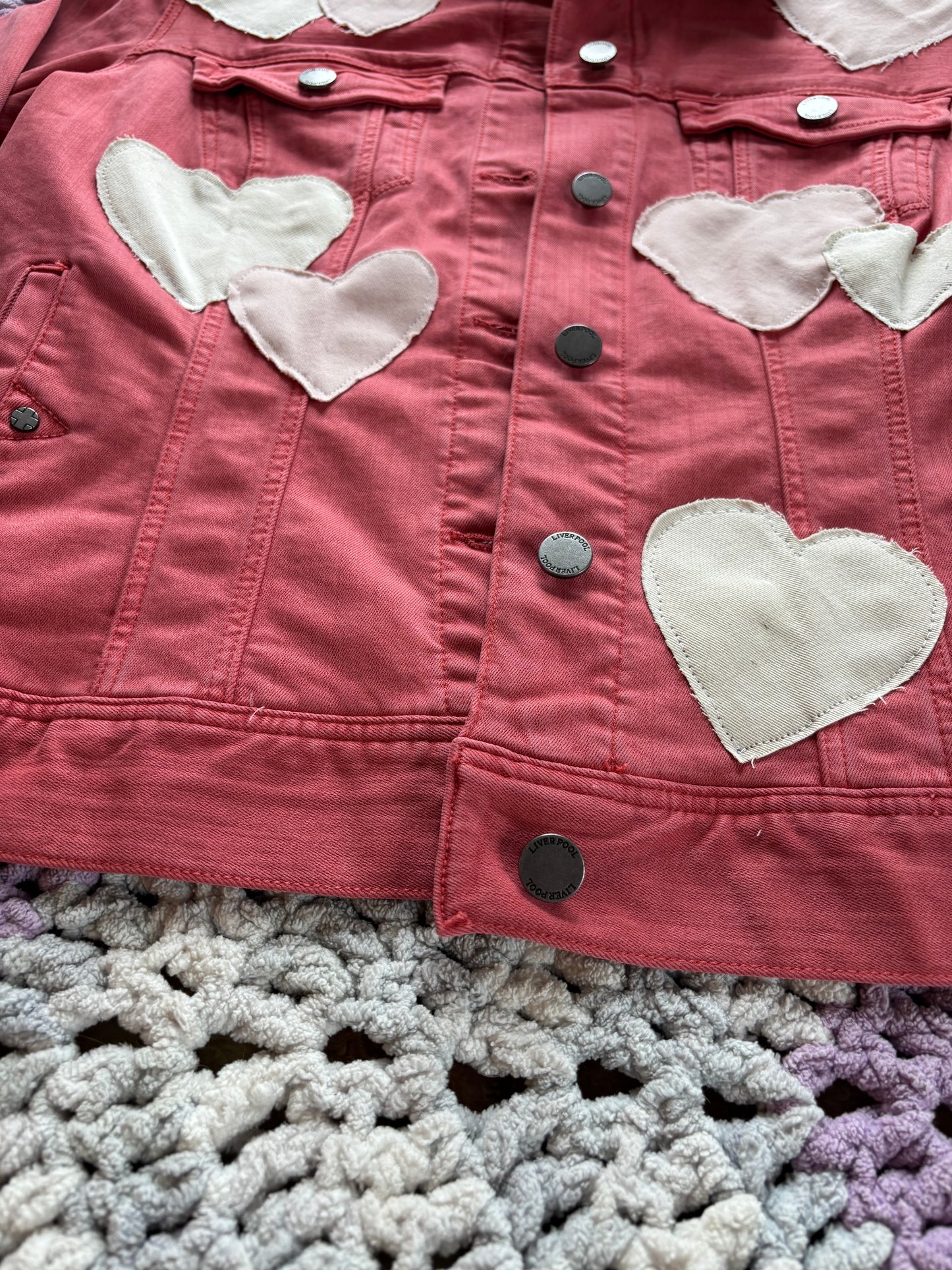 Dark Pink Denim Frayed Hearts Jacket [XL]