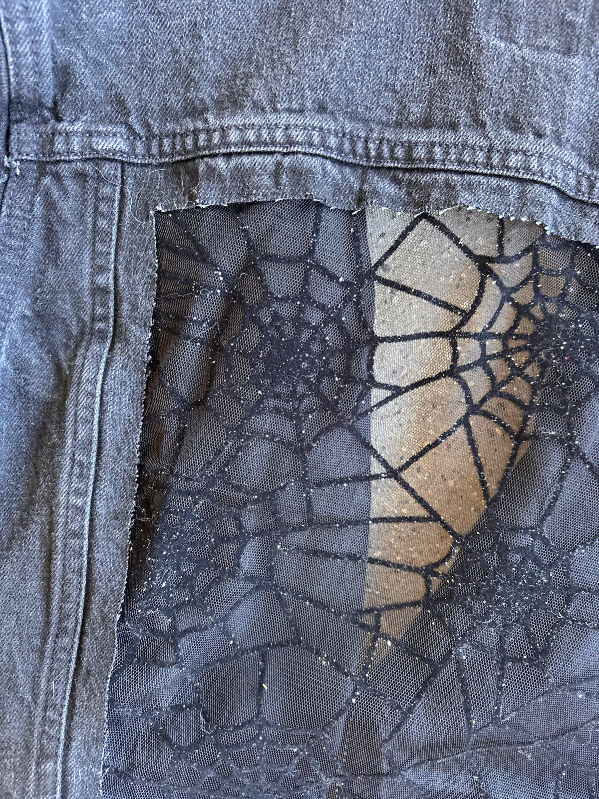Black Denim Spider Webs Belted Jacket [S]