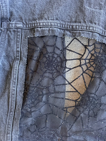 Black Denim Spider Webs Belted Jacket [S]