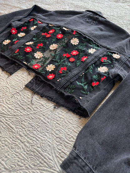 Black Denim Red Floral Jacket [0X]