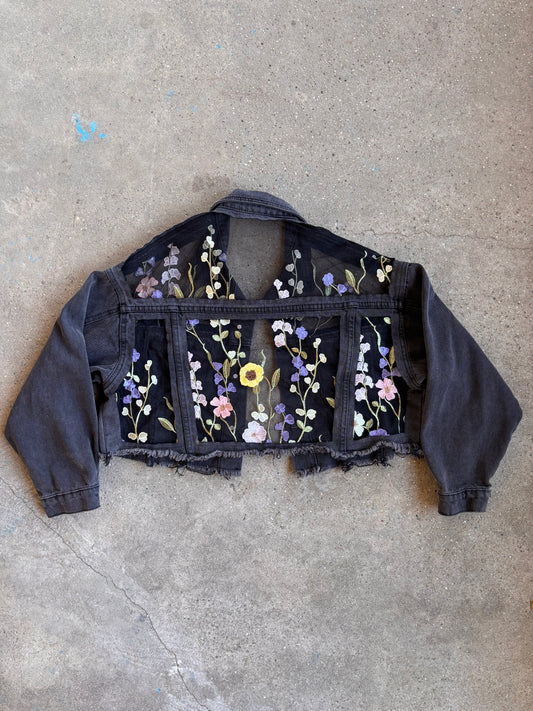 Cropped Black Denim Floral Jacket [XL]