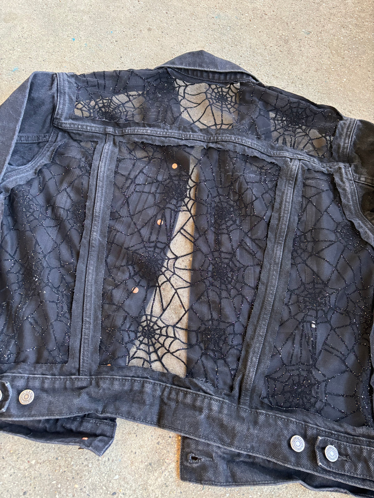 Black Denim Spider Webs Jacket [0X]