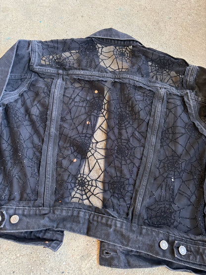 Black Denim Spider Webs Jacket [0X]
