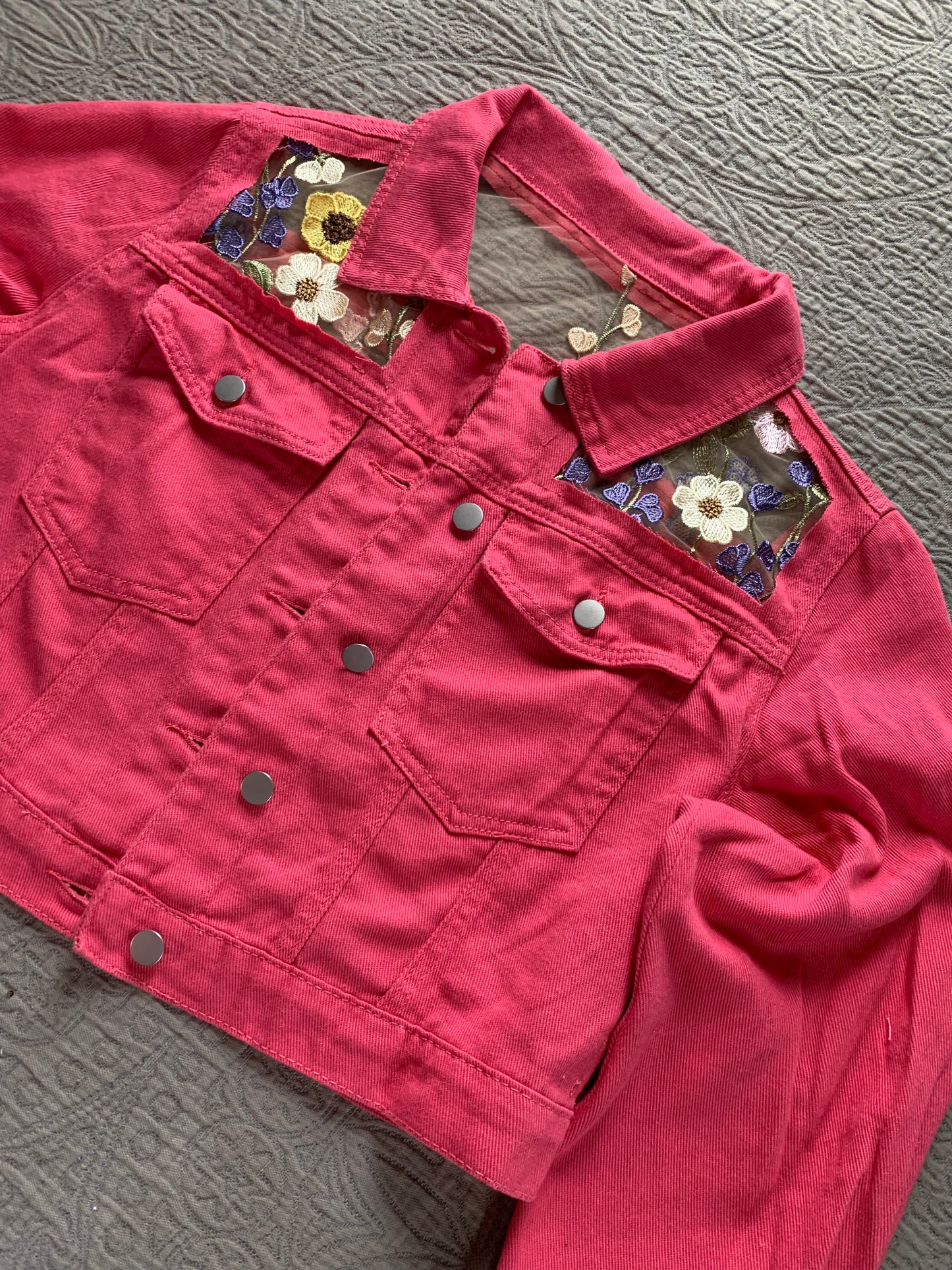 Cropped Pink Floral Denim Jacket [0X]