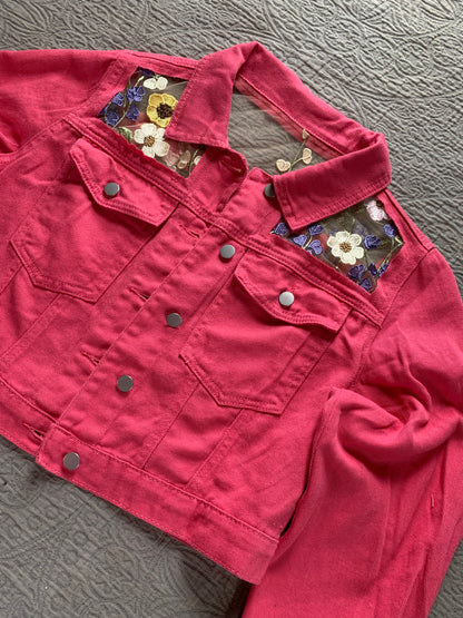 Cropped Pink Floral Denim Jacket [0X]