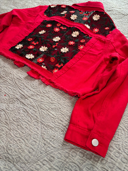 Cropped Red Denim Red Floral Jacket [1X]