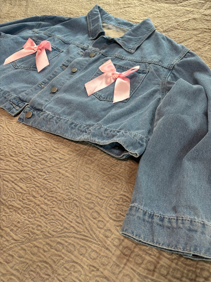 Cropped Denim Pink Floral Jacket with Bows [3X]