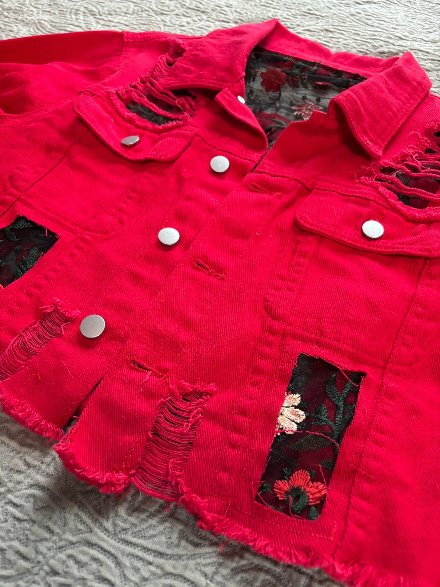 Cropped Red Denim Red Floral Jacket [1X]