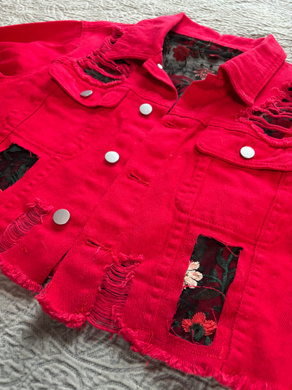 Cropped Red Denim Red Floral Jacket [1X]