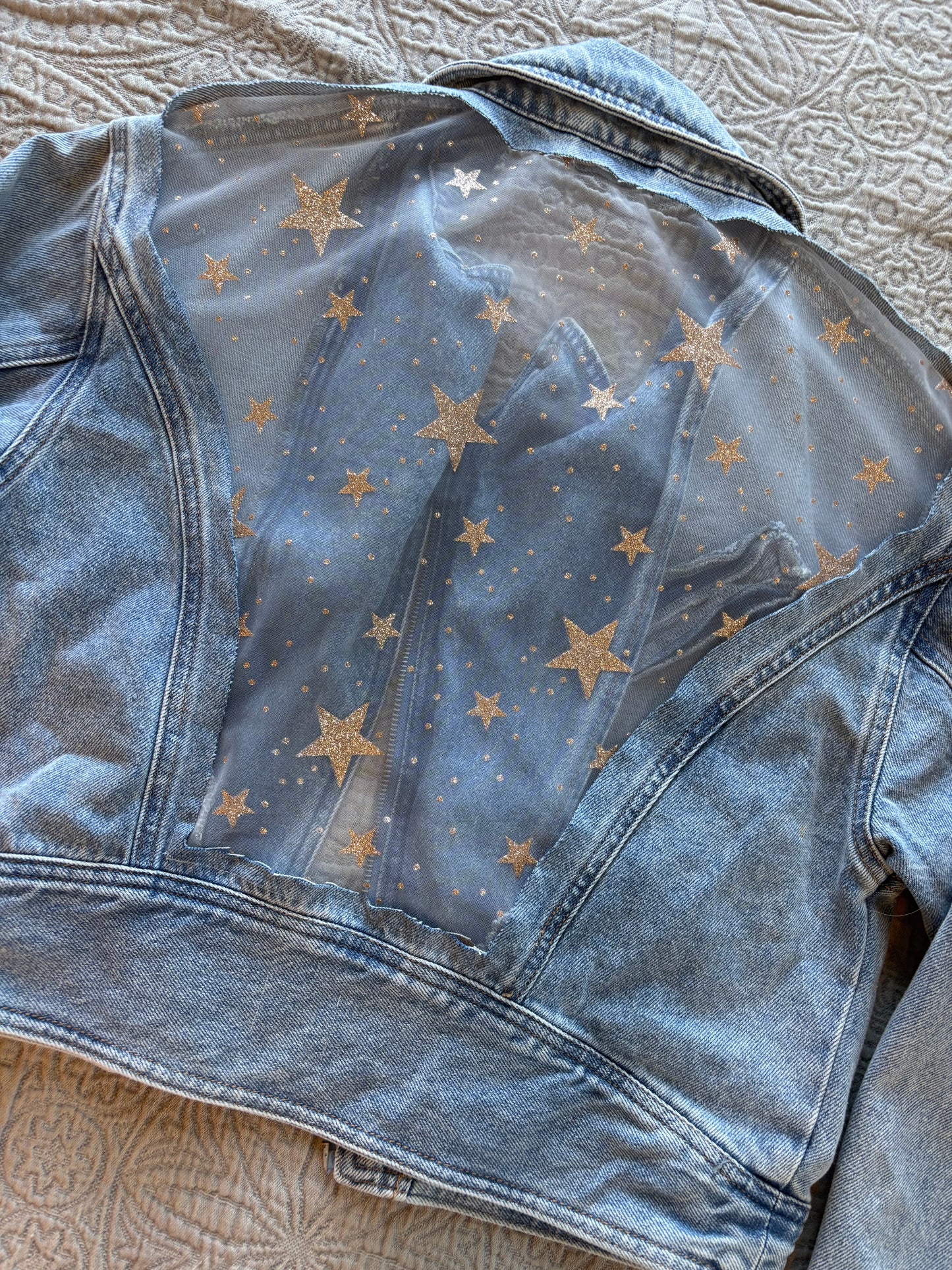 Gold Stars Light Wash Denim Bomber Jacket [XL]