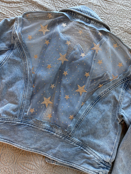 Gold Stars Light Wash Denim Bomber Jacket [XL]