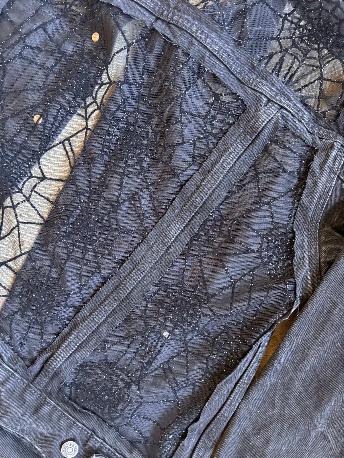Black Denim Spider Webs Jacket [0X]