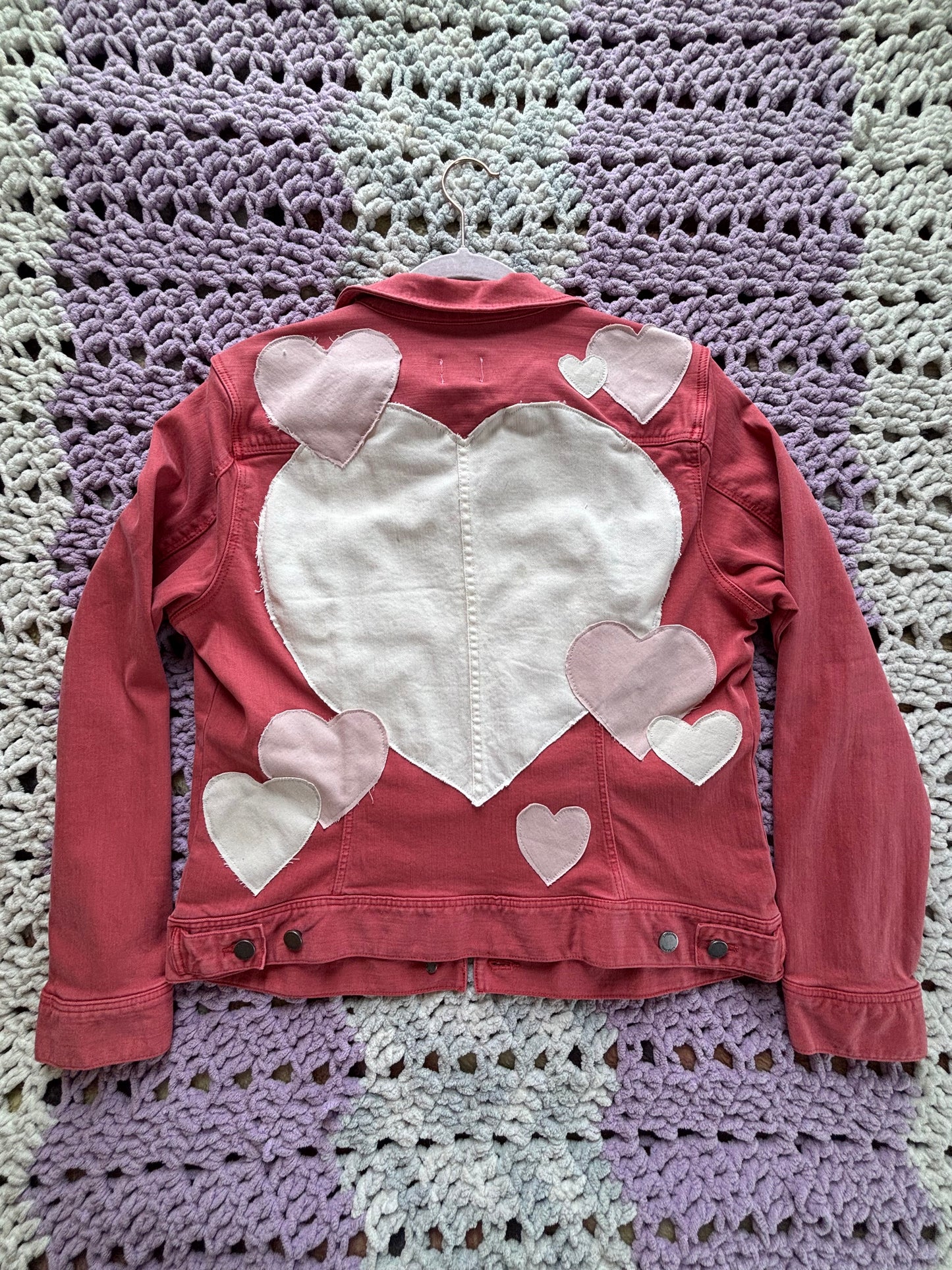 Dark Pink Denim Frayed Hearts Jacket [XL]