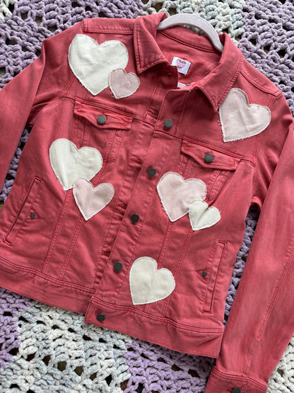 Dark Pink Denim Frayed Hearts Jacket [XL]