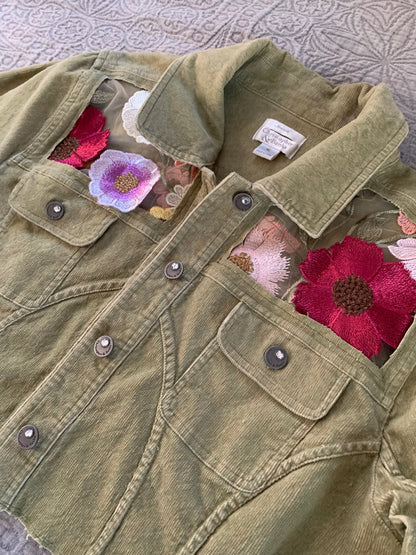 Cropped Green Denim Appliqué Wildflowers [XL]