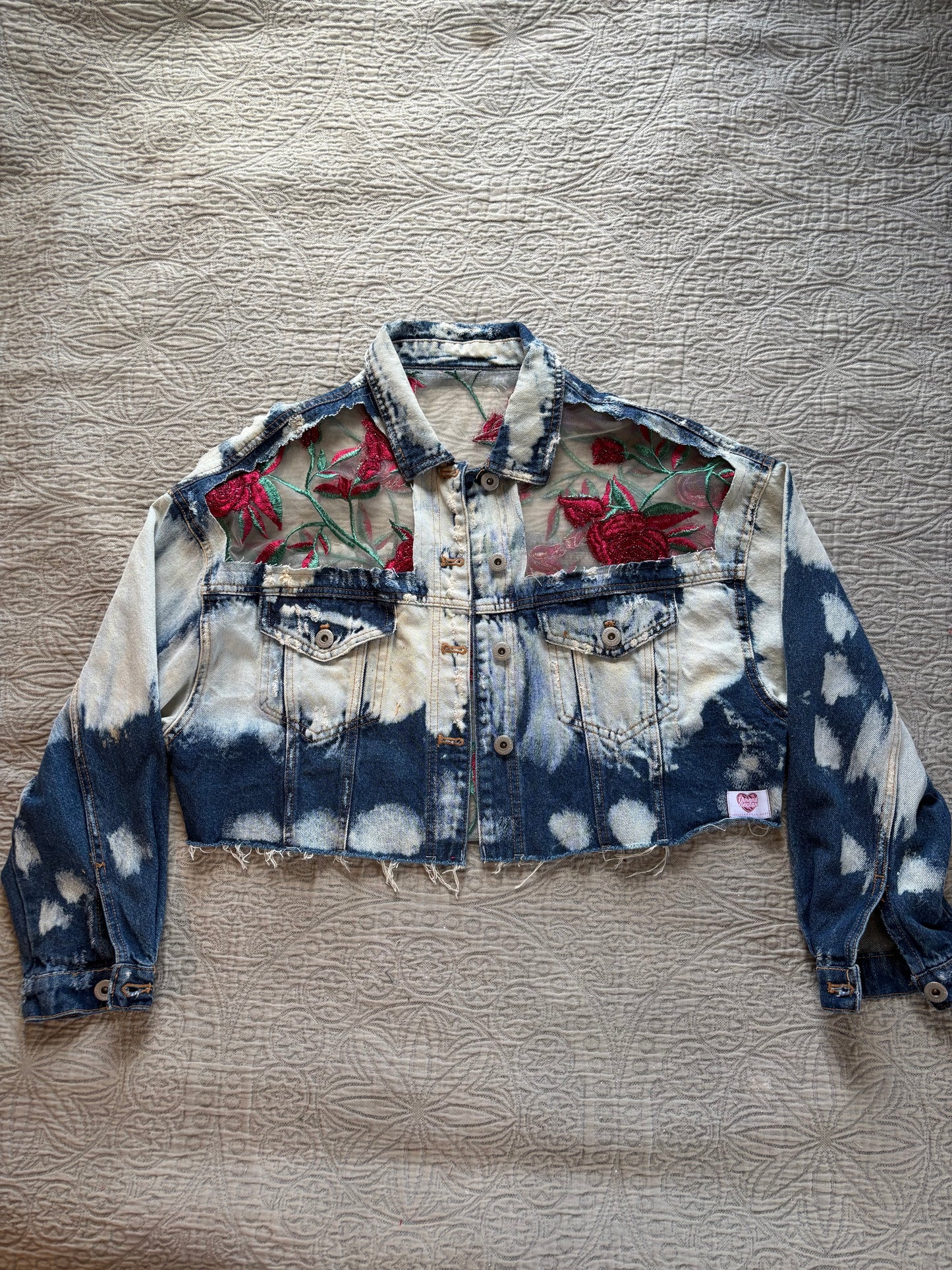 Cropped Acid Wash Denim Roses Jacket [1X]