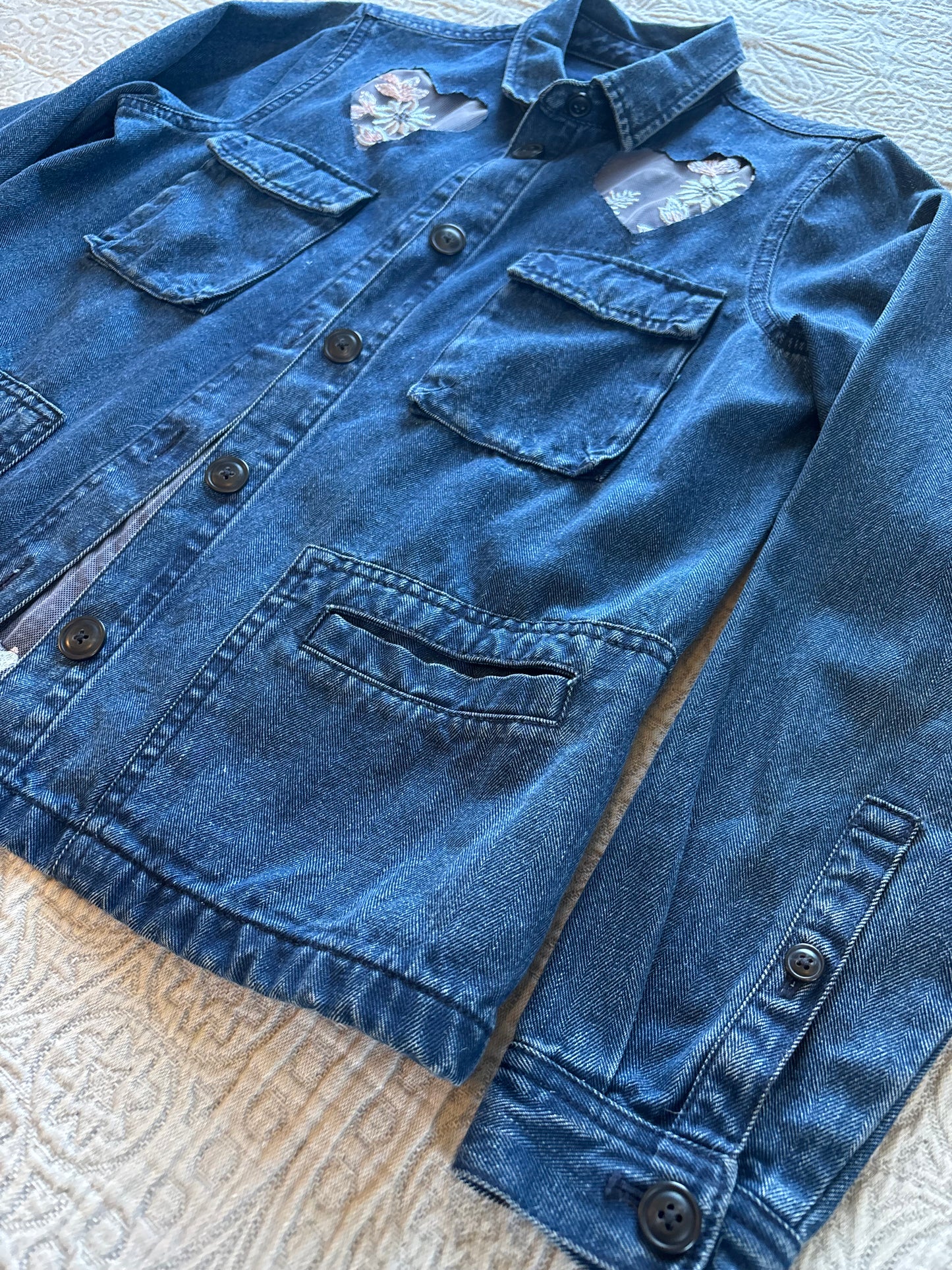 Silver Floral Dark-Wash Denim Jacket [L]