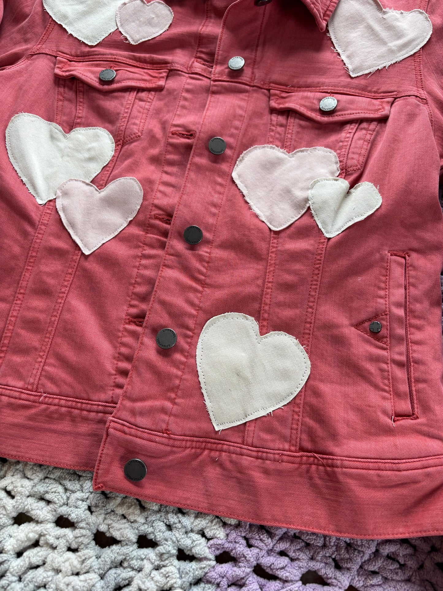 Dark Pink Denim Frayed Hearts Jacket [XL]