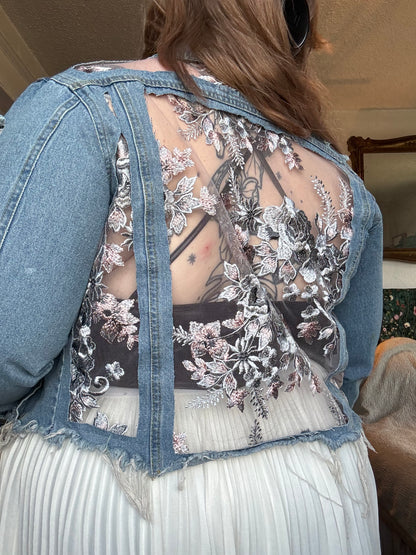 Cropped Distressed Denim Silver Floral Jacket [0X]