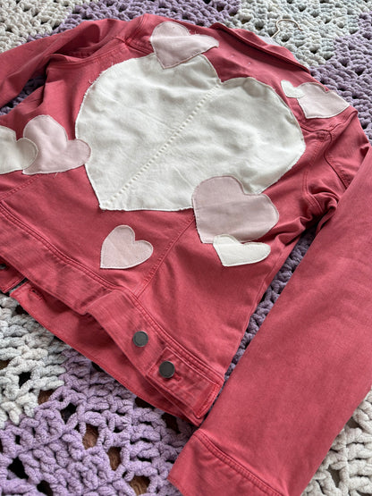 Dark Pink Denim Frayed Hearts Jacket [XL]