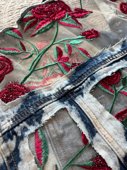 Cropped Acid Wash Denim Roses Jacket [1X]