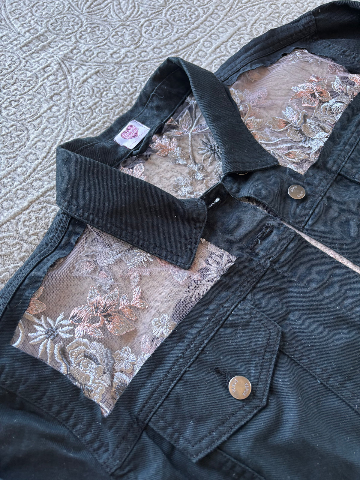 Black Denim Silver Floral Cropped Jacket [2X]