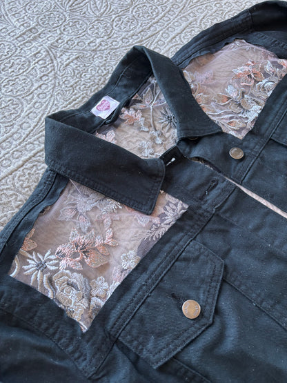 Black Denim Silver Floral Cropped Jacket [2X]