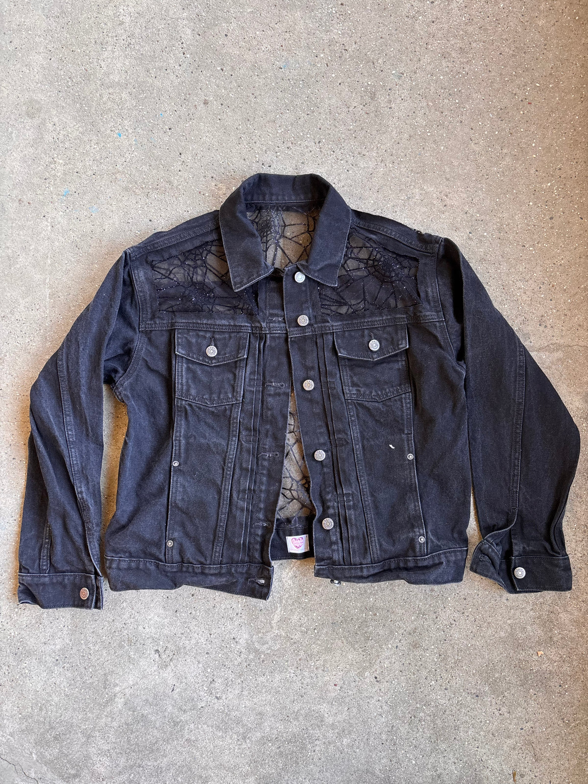 Black Denim Spider Webs Jacket [0X]
