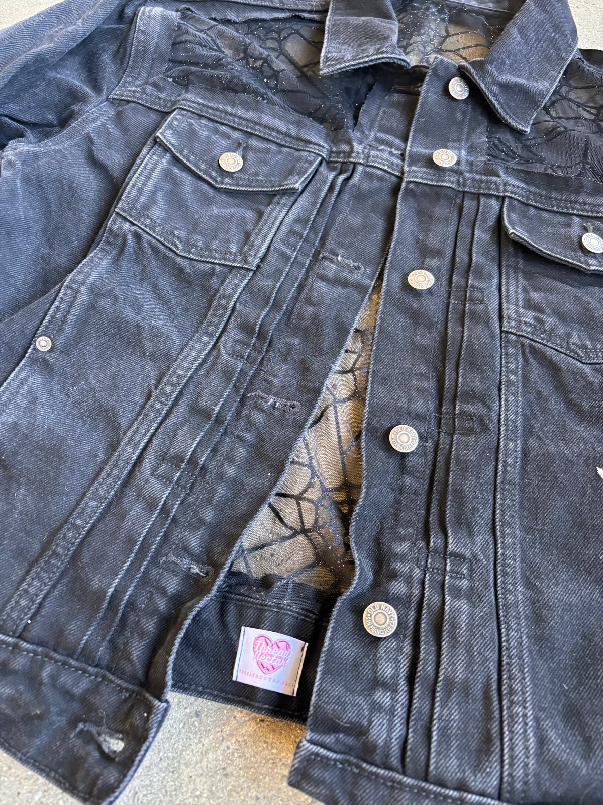 Black Denim Spider Webs Jacket [0X]