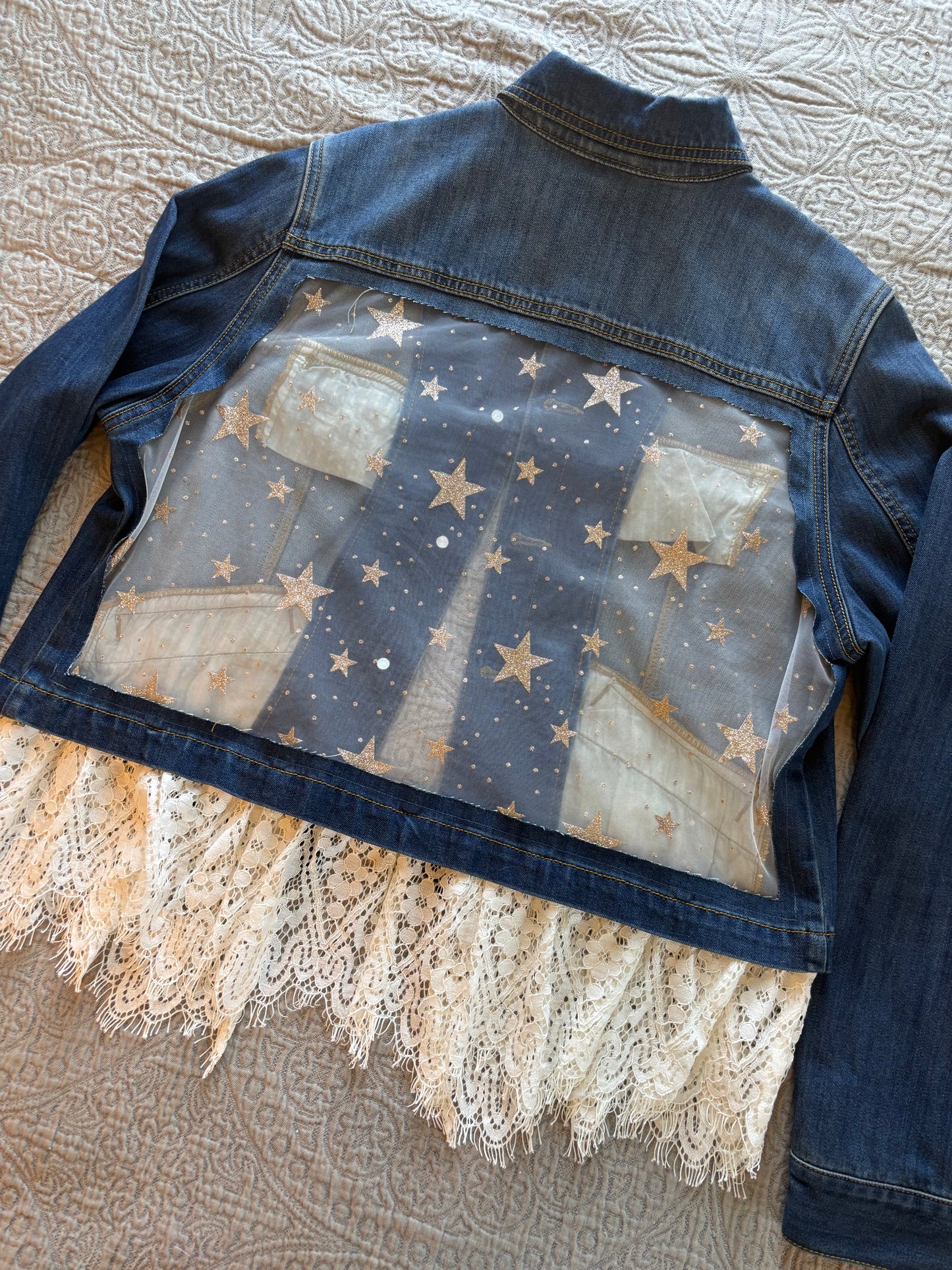 Gold Stars Removable Lace-Bottom Denim Jacket [1X]