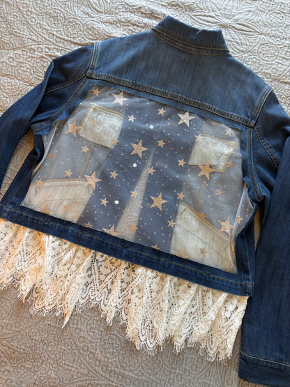 Gold Stars Removable Lace-Bottom Denim Jacket [1X]