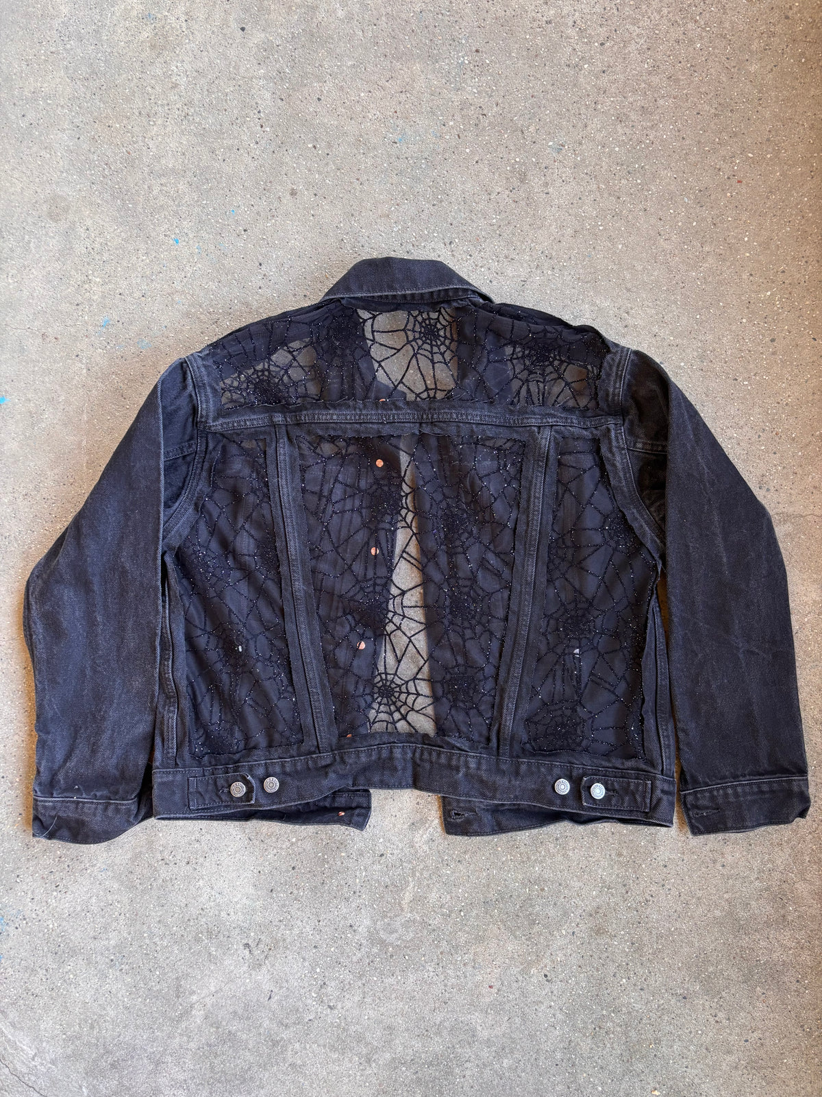 Black Denim Spider Webs Jacket [0X]
