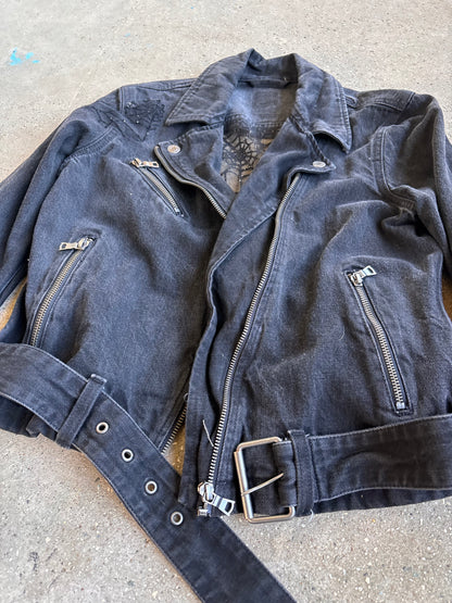 Black Denim Spider Webs Belted Jacket [S]