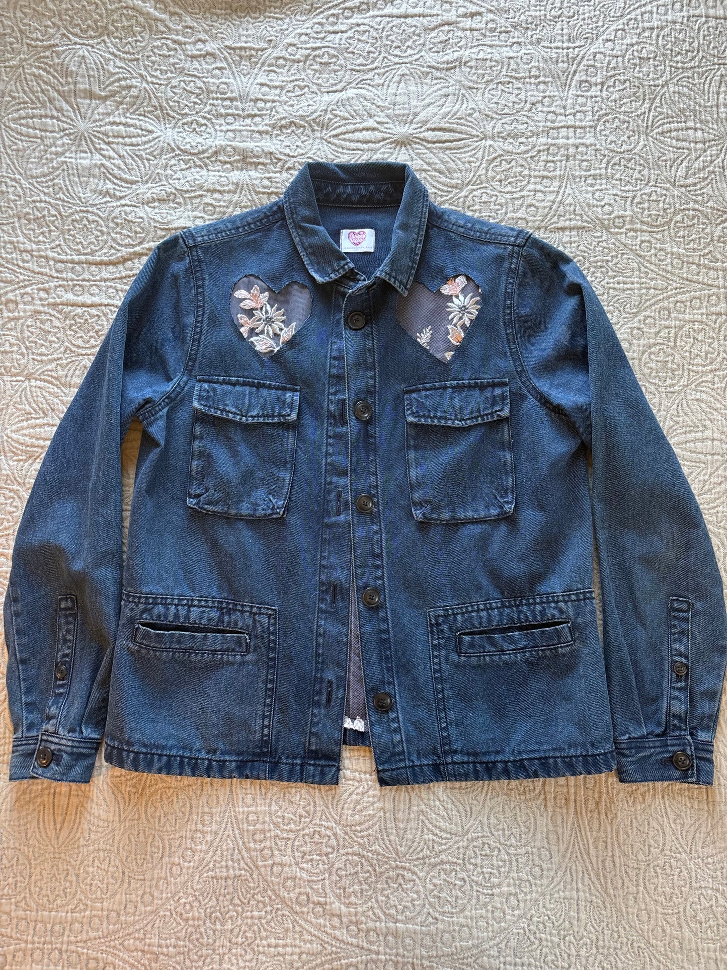 Silver Floral Dark-Wash Denim Jacket [L]