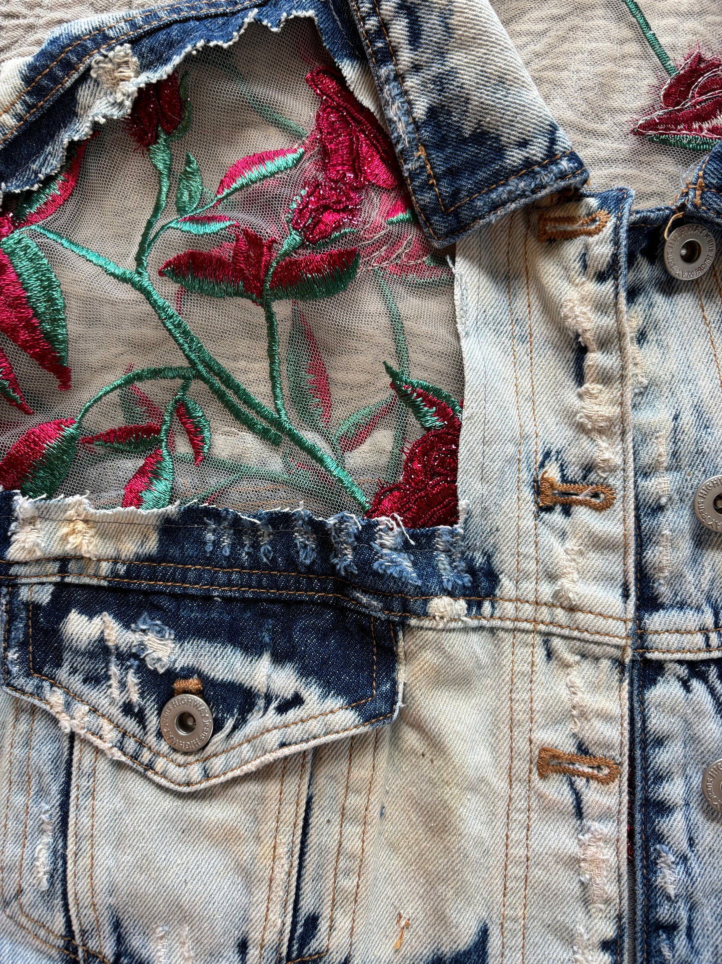 Cropped Acid Wash Denim Roses Jacket [1X]