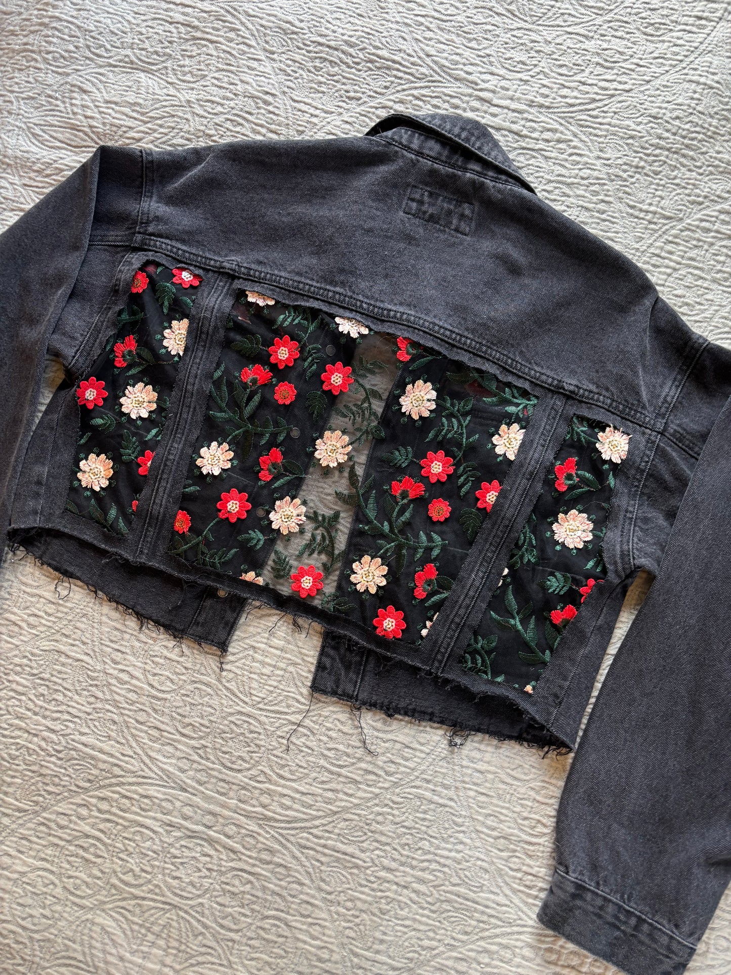 Black Denim Red Floral Jacket [0X]